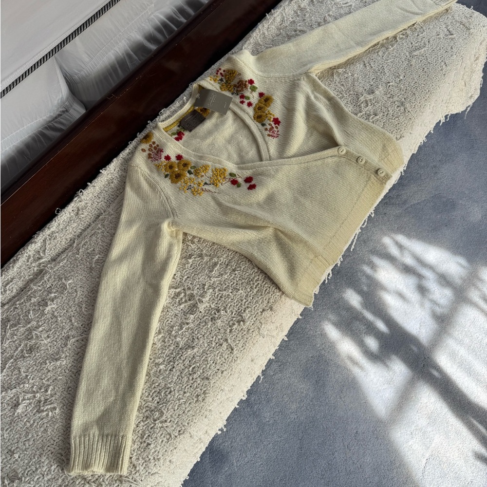 Anthropologie Cream Floral Embroidered Cropped Cardigan